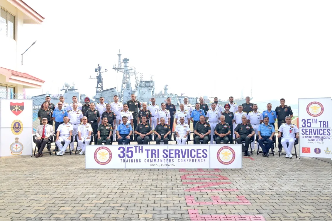 CDS Gen Anil Chauhan with senior Army, Navy and Air Force commanders at the 35th Tri-Services Training Commanders Conference, Kochi