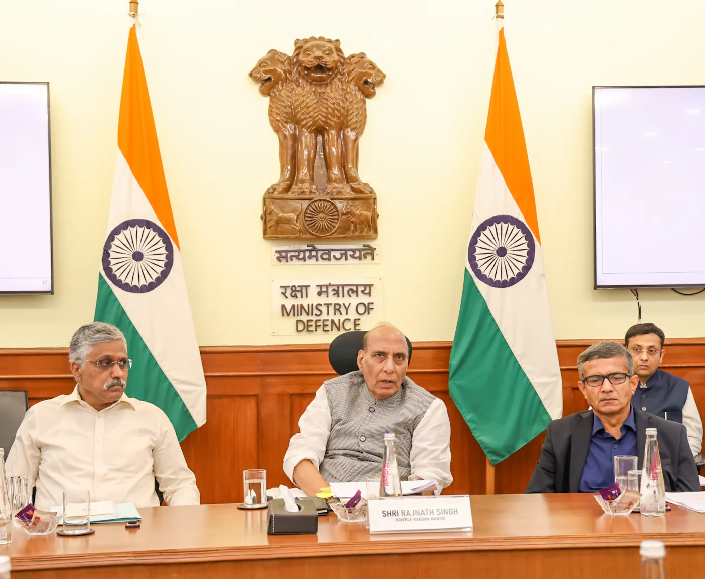 Raksha Mantri reviewing the performance of Defence Public Sector Undertakings with the CMDs of HAL, BEL, BDL, Mazagon Dock and Munitions India