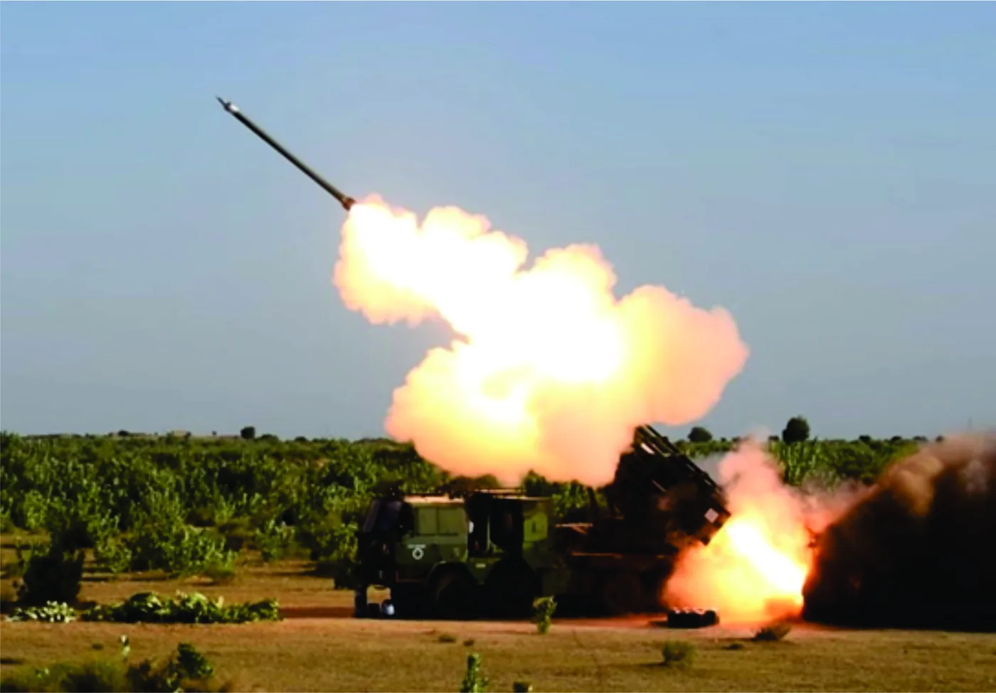 Live salvo launch of the DRDO Guided Pinaka multi-barrel rocket system during PSQR validation trials